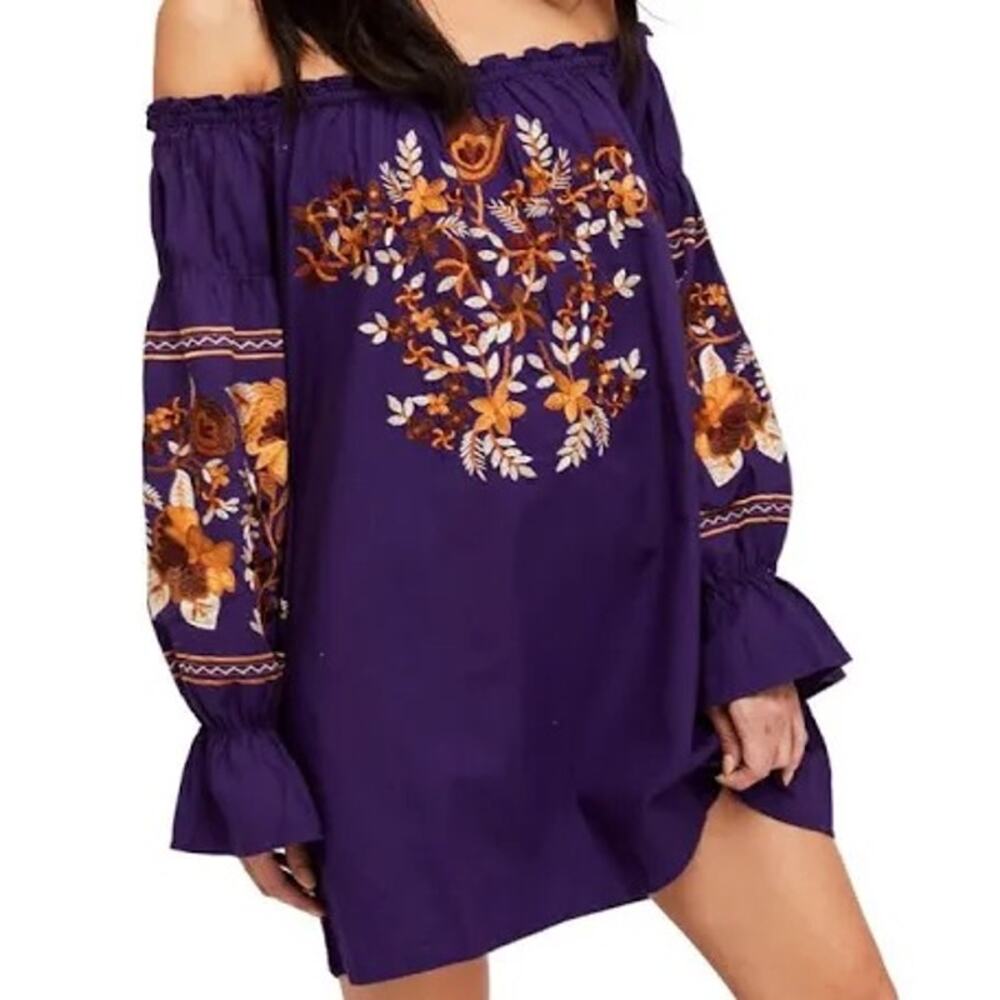 Free People Fleur Du Jour Embroidered Mini Dress in Purple Size Small